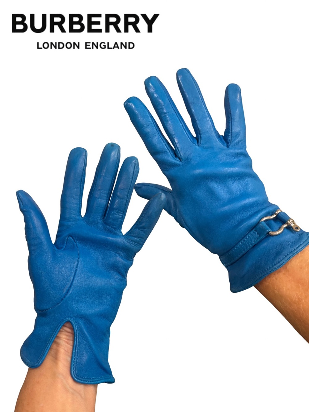 BURBERRY Cobalt Blue Leather and Silk Women's Gloves with Silver Accent